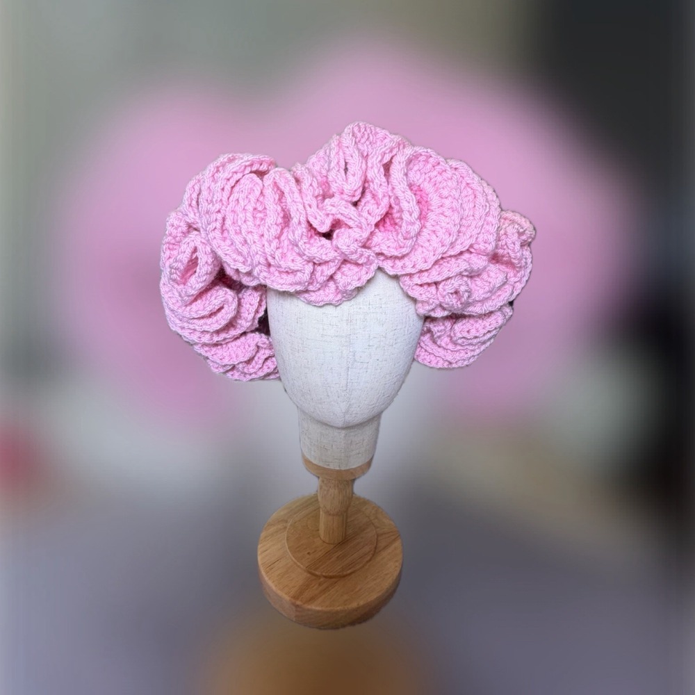 Handmade Crochet Mushroom Bucket Hat Women Pink Ruffle Boho Cap NEW
